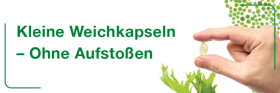 Hand hält Kapsel. Text: Kleine Weichkapseln – Ohne Aufstoßen.